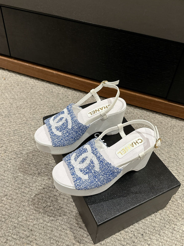 sandalo cc 100 blu bianco tweed paillettes