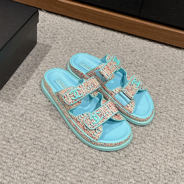 sandalo da papà mulo rafia crema tiffany blu vitello