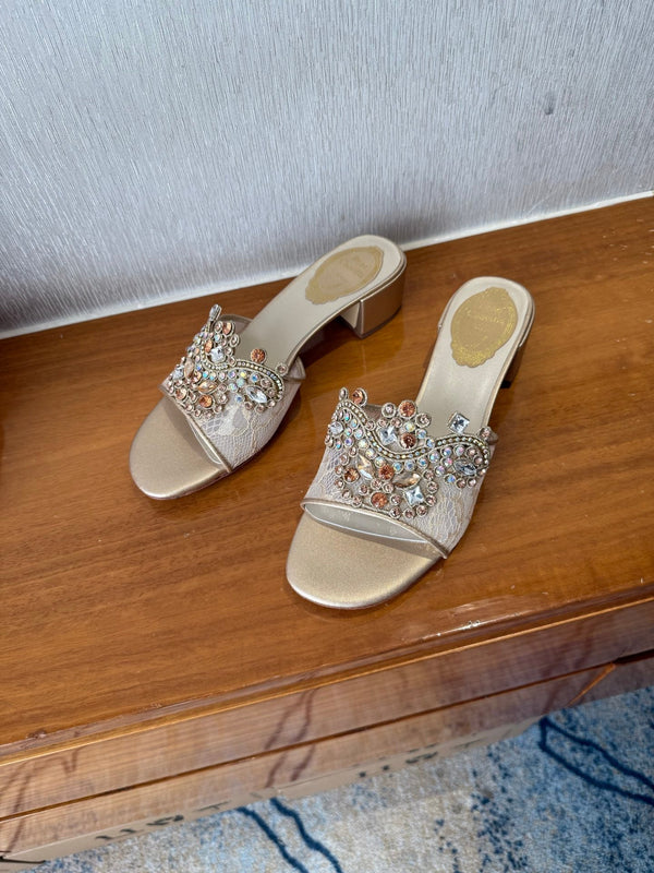 RC 25 Crystal Chandelier Sandals Beige Sheepskin 221962