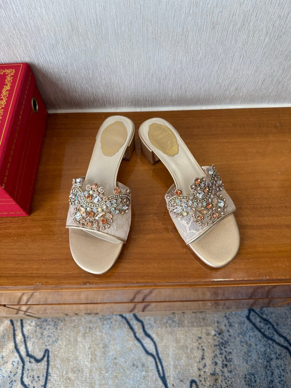 RC 25 Crystal Chandelier Sandals Beige Sheepskin 221962