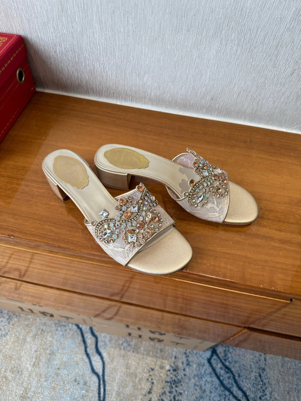 RC 25 Crystal Chandelier Sandals Beige Sheepskin 221962
