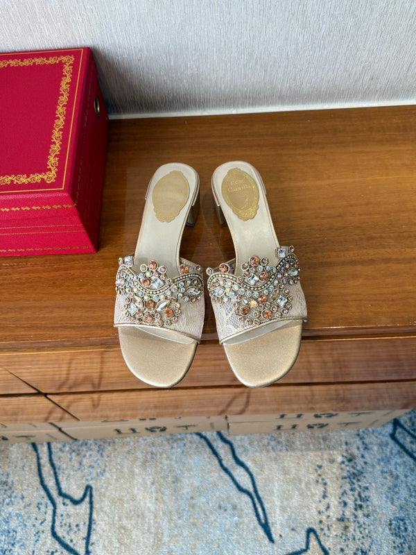 RC 25 Crystal Chandelier Sandals Beige Sheepskin 221962