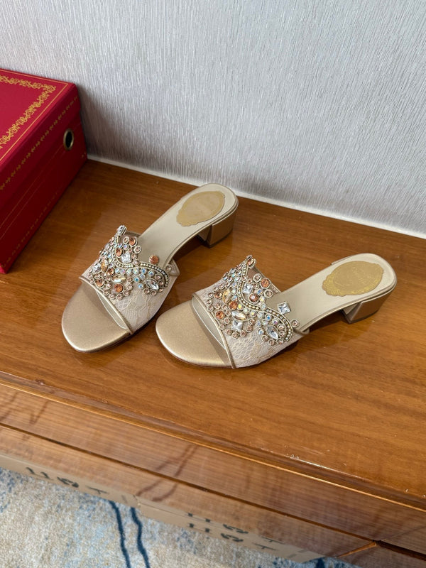 RC 25 Crystal Chandelier Sandals Beige Sheepskin 221962