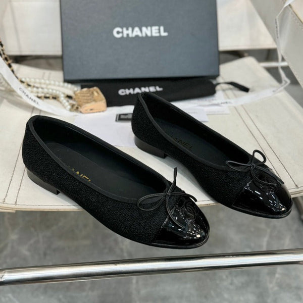 ballerina in tweed nero in pelle di vitello verniciata