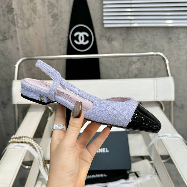slingback piatte in tweed viola chiaro in pelle di vitello verniciata nera