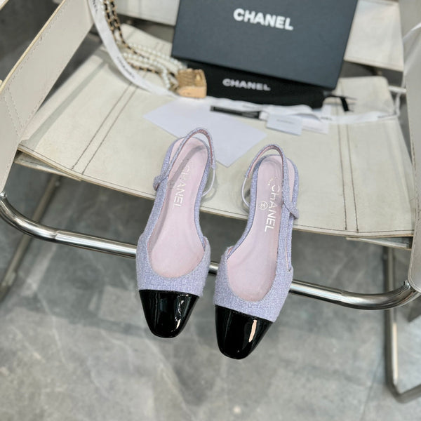 slingback piatte in tweed viola chiaro in pelle di vitello verniciata nera