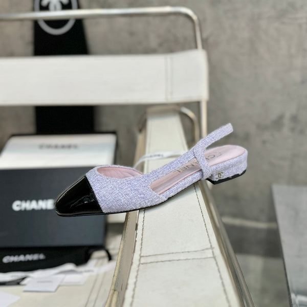 slingback piatte in tweed viola chiaro in pelle di vitello verniciata nera