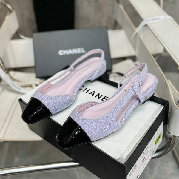 slingback piatte in tweed viola chiaro in pelle di vitello verniciata nera