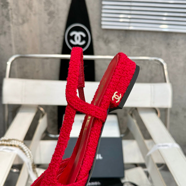 slingback piatte in tweed rosso e pelle di vitello verniciata nera
