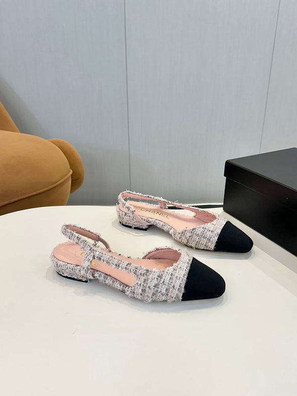 cc 25c slingback flat pink white tweed black grosgrain 233607