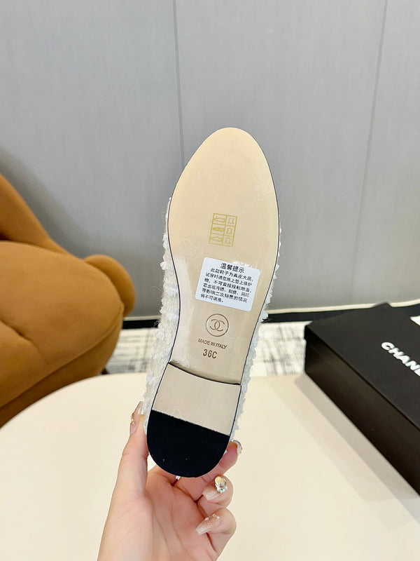 cc 25c ballet flat white tweed black grosgrain 233625