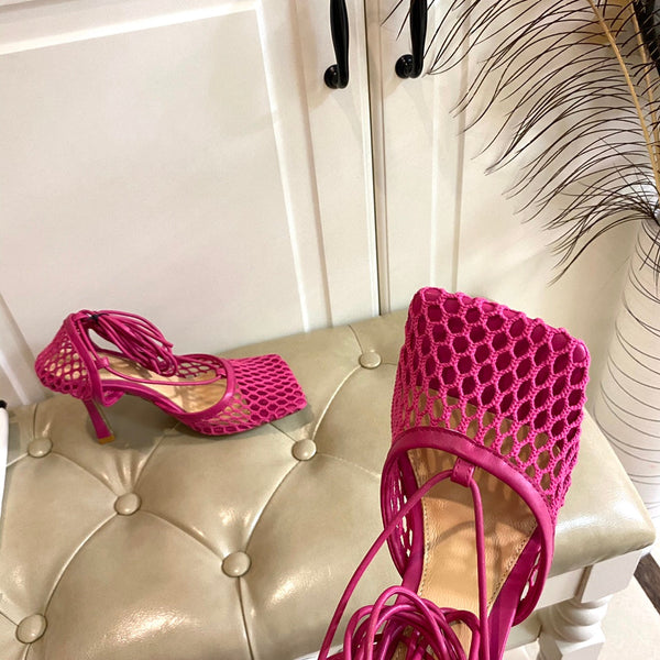 BV 26s Stretch Lace-Up Sandal 9cm Bright Pink Metallized Mesh Leather