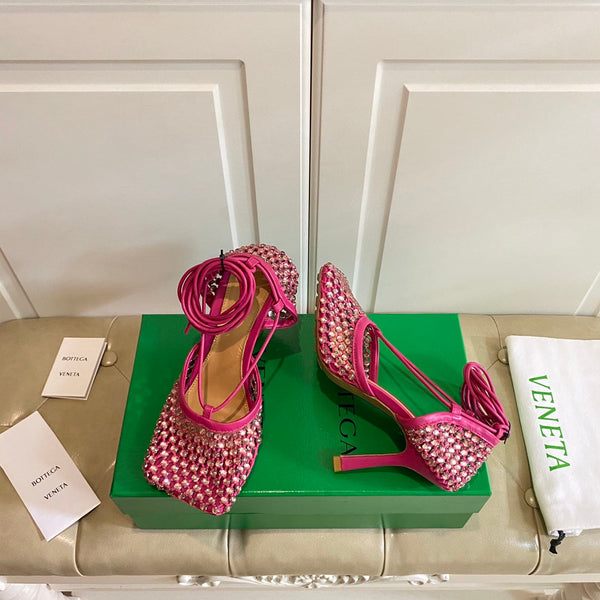 BV 26s Stretch Lace-Up Sandal 9cm Punch Pink Metallized Mesh Leather