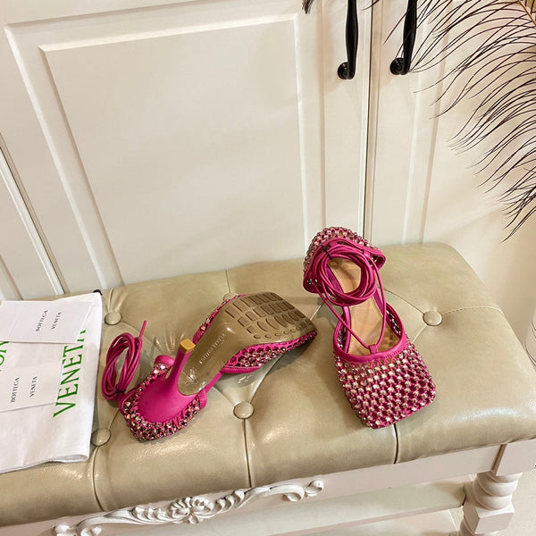 BV 26s Stretch Lace-Up Sandal 9cm Punch Pink Metallized Mesh Leather