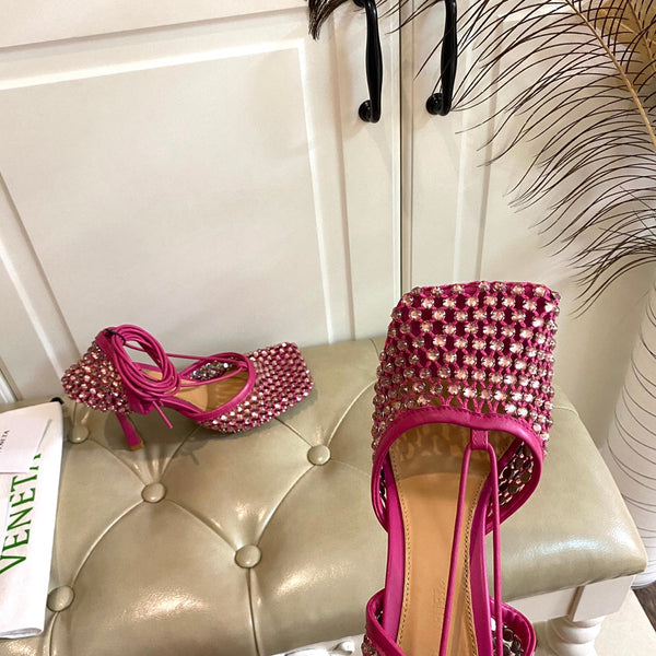 BV 26s Stretch Lace-Up Sandal 9cm Punch Pink Metallized Mesh Leather