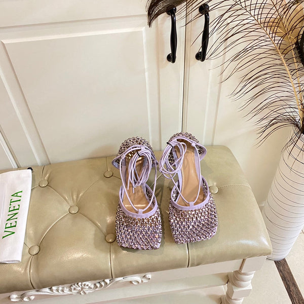BV 26s Stretch Lace-Up Sandal 9cm Light Purple Metallized Mesh Leather