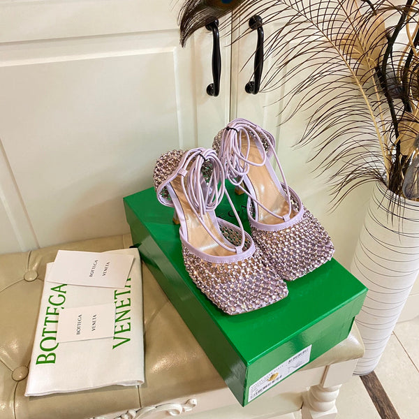 BV 26s Stretch Lace-Up Sandal 9cm Light Purple Metallized Mesh Leather