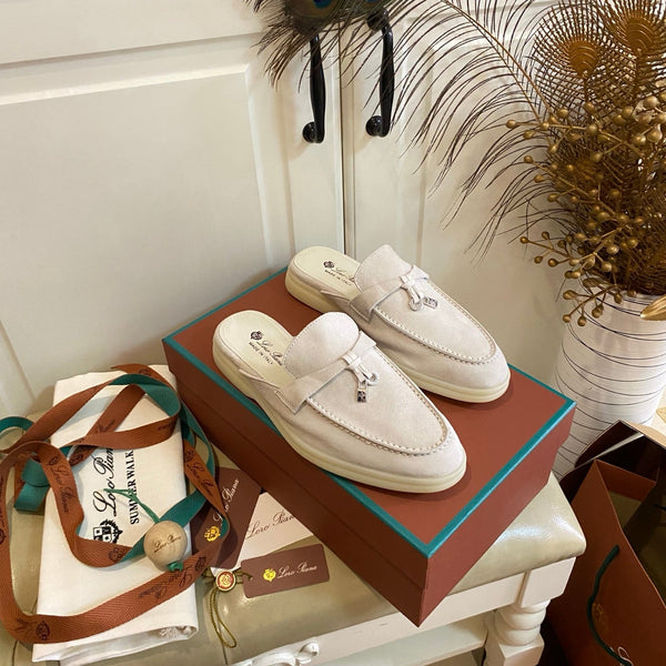 LP 26s Lock Charm Mules In Cream White Suede