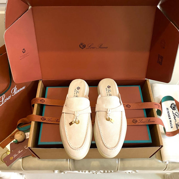 LP 26s Lock Charm Mules In Beige Suede