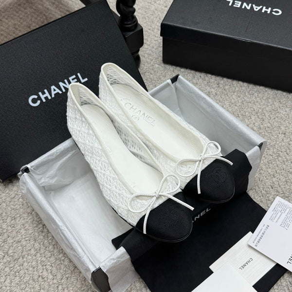 CC 25p Ballet Flat White Cotton Mesh Fabric Grosgrain