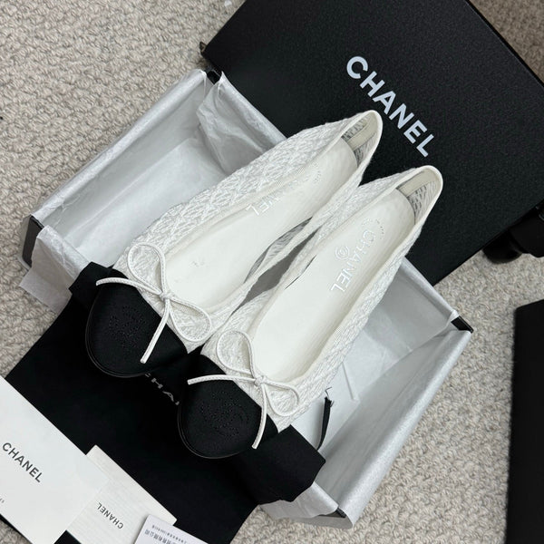 CC 25p Ballet Flat White Cotton Mesh Fabric Grosgrain