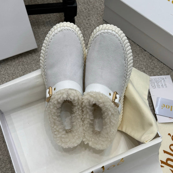 Chloe Nama Shearling-Lined Mule Light Gray Suede 523134
