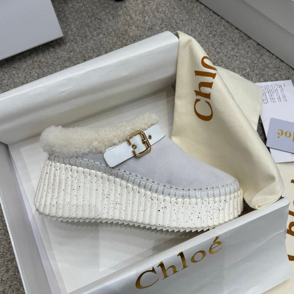 Chloe Nama Shearling-Lined Mule Light Gray Suede 523134