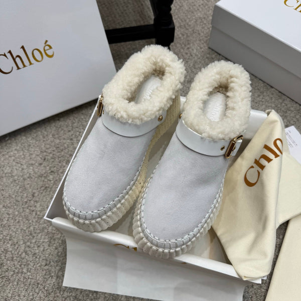 Chloe Nama Shearling-Lined Mule Light Gray Suede 523134