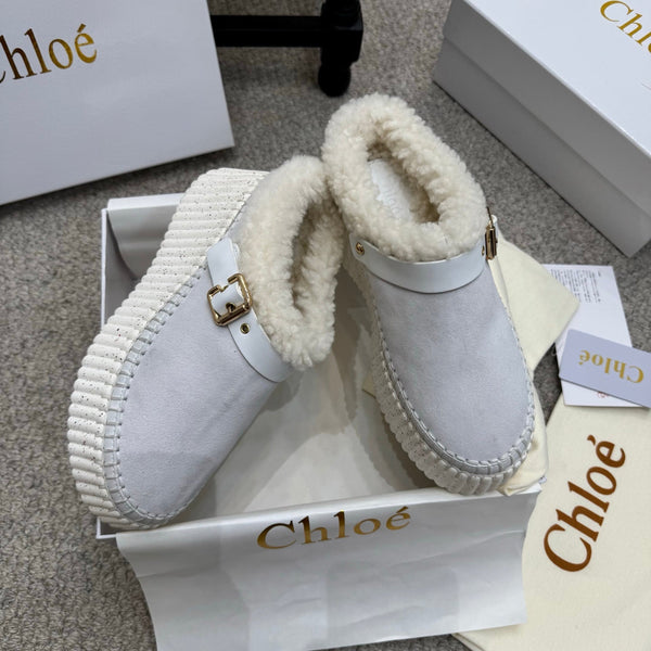 Chloe Nama Shearling-Lined Mule Light Gray Suede 523134