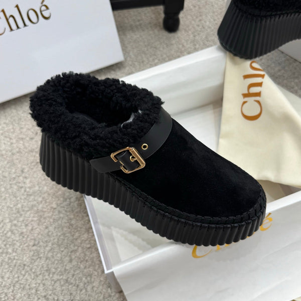 Chloe Nama Shearling-Lined Mule Black Suede 523135