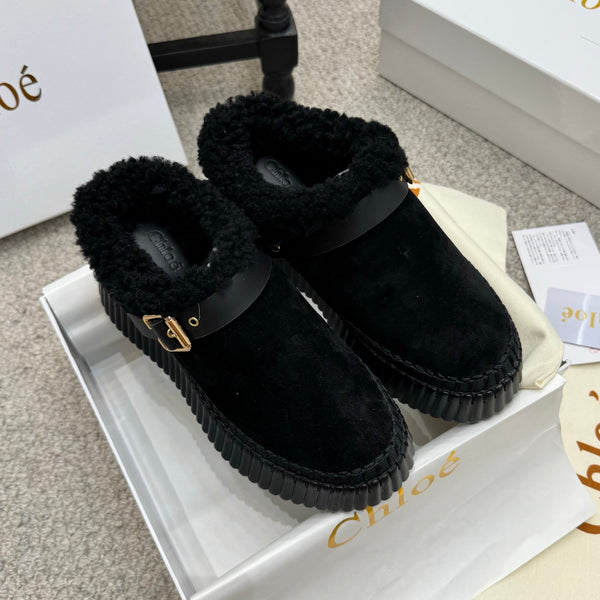 Chloe Nama Shearling-Lined Mule Black Suede 523135