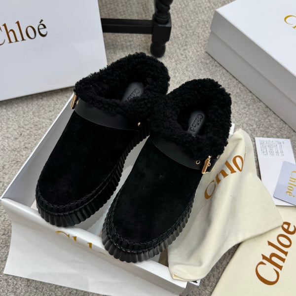 Chloe Nama Shearling-Lined Mule Black Suede 523135