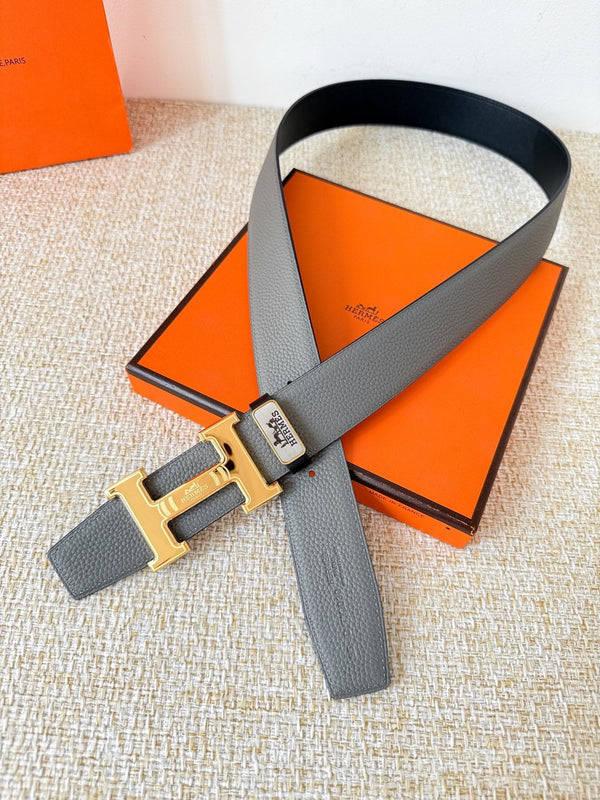 HM Constance Ceinture 38mm Gris Noir Cuir de Vachette Boucle Dorée 619783