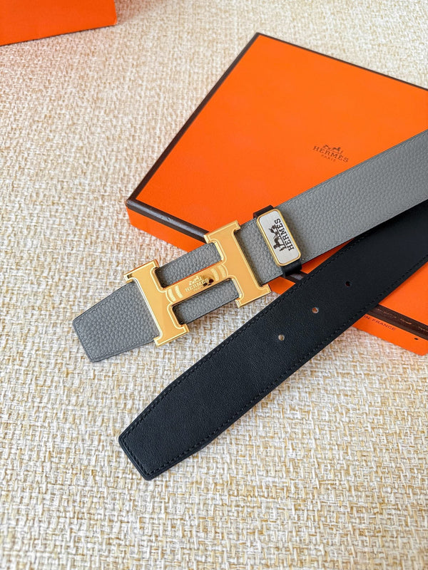 HM Constance Ceinture 38mm Gris Noir Cuir de Vachette Boucle Dorée 619783