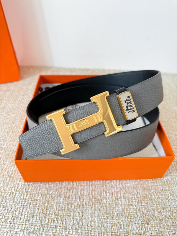 HM Constance Ceinture 38mm Gris Noir Cuir de Vachette Boucle Dorée 619783
