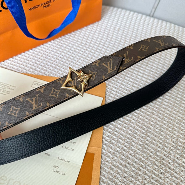 LV FLOWERGRAM 30MM REVERSIBLE BELT IN BLACK CALFSKIN GOLD HARDWARE
