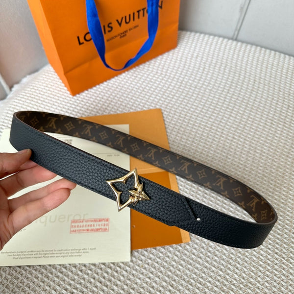 LV FLOWERGRAM 30MM REVERSIBLE BELT IN BLACK CALFSKIN GOLD HARDWARE