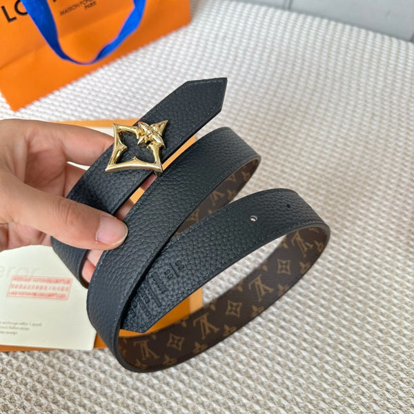 LV FLOWERGRAM 30MM REVERSIBLE BELT IN BLACK CALFSKIN GOLD HARDWARE