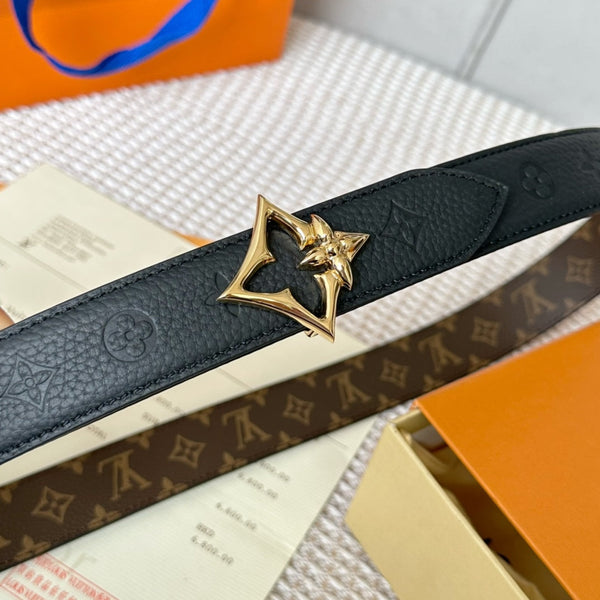 LV FLOWERGRAM 30MM REVERSIBLE BELT IN BLACK EMBOSSED CALFSKIN GOLD HARDWARE
