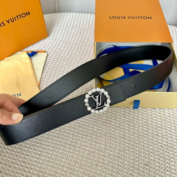 LV CIRCLE PEARL 35MM REVERSIBLE BELT IN BLACK CALFSKIN SILVER HARDWARE