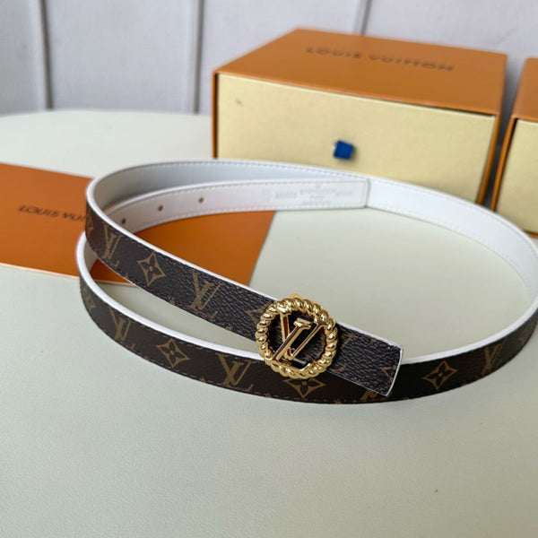 LV Circle Nautical 20mm Reversible Belt Gold Buckle White Brown Lambskin