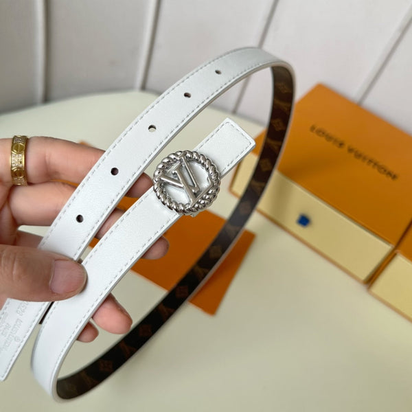 LV Circle Nautical 20mm Reversible Belt Silver Buckle White Brown Lambskin