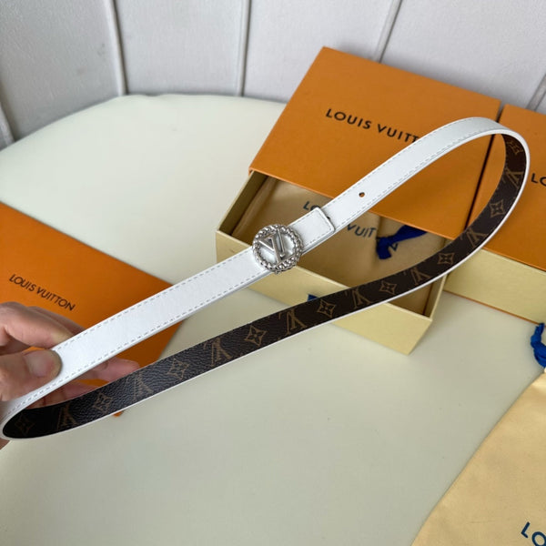 LV Circle Nautical 20mm Reversible Belt Silver Buckle White Brown Lambskin