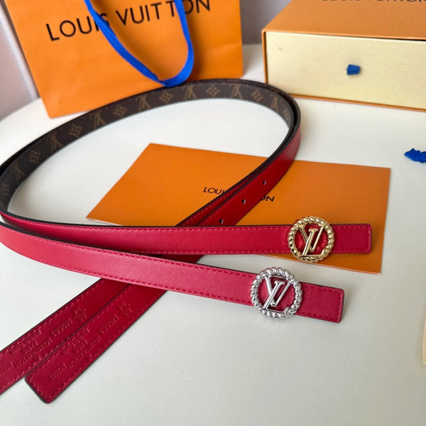 LV Circle Nautical 20mm Reversible Belt Silver Buckle Red Brown Lambskin