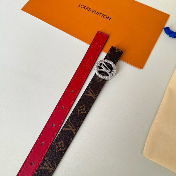 LV Circle Nautical 20mm Reversible Belt Silver Buckle Red Brown Lambskin