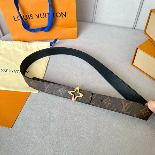 LV  MINI FLOWERGRAM 30MM REVERSIBLE BELT IN BLACK CALFSKIN GOLD HARDWARE