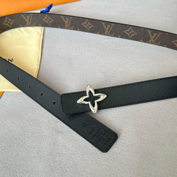 LV Flowergram 30mm Reversible Belt Silver Buckle Black Brown Leather
