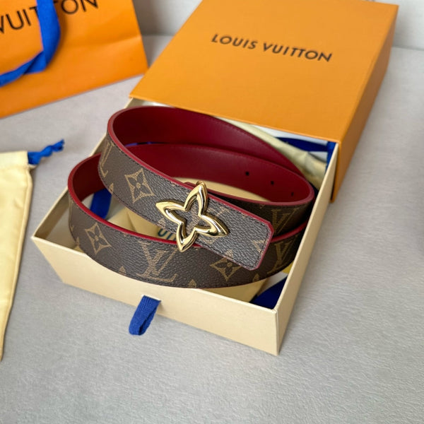 LV  MINI FLOWERGRAM 30MM REVERSIBLE BELT IN BLOOD RED CALFSKIN GOLD HARDWARE