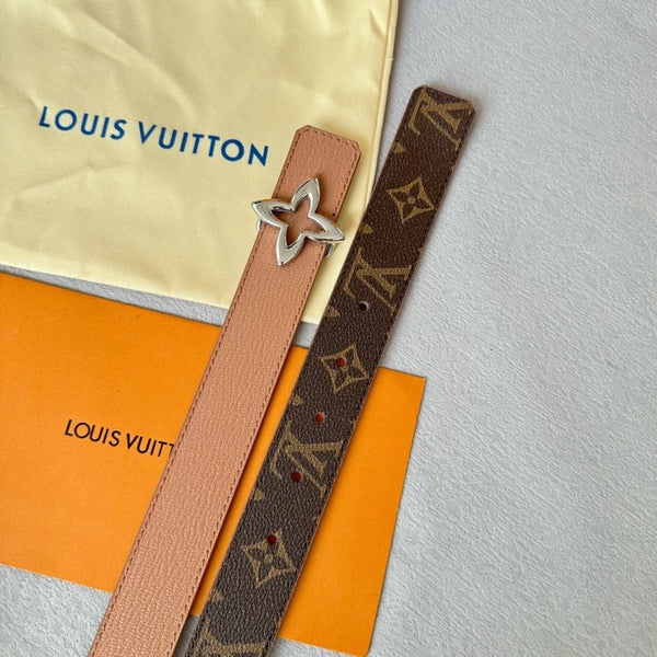 LV Flowergram 30mm Reversible Belt Silver Buckle Beige Brown Leather