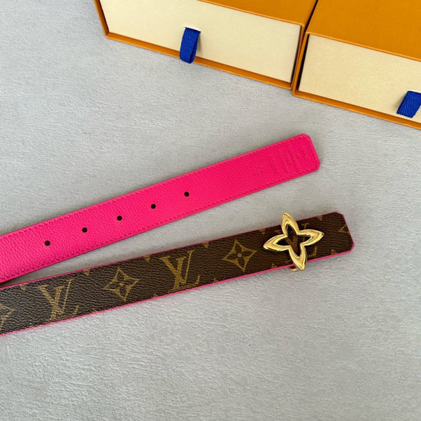 LV Flowergram 30mm Reversible Belt Gold Buckle Hot Pink Brown Leather